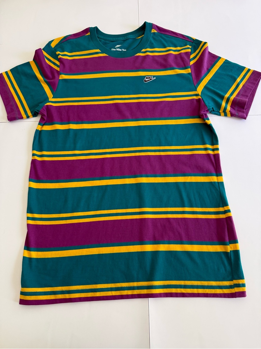 Nike Unisex Striped T-Shirt Teal Purple Yellow Short Sleeve Crew Neck Size S